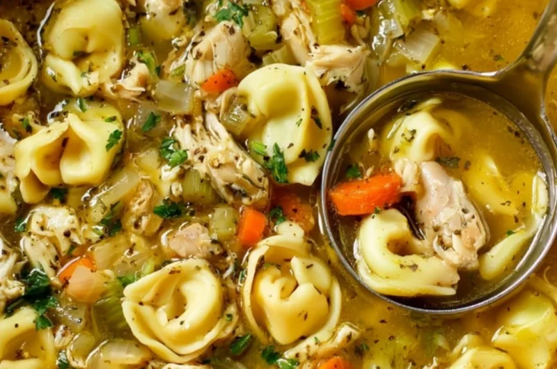 A hearty bowl of chicken tortellini soup filled with vegetables and spices.