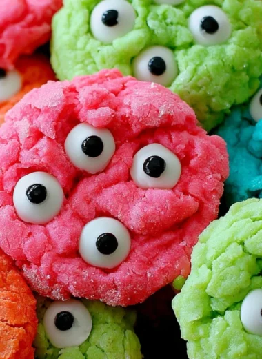 A plate of gooey monster cookies filled with chocolate chips and colorful candies.