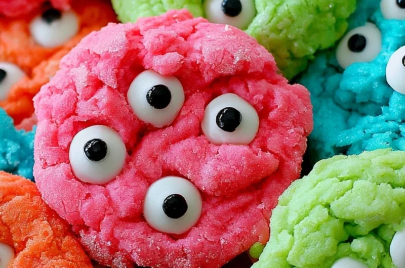 A plate of gooey monster cookies filled with chocolate chips and colorful candies.
