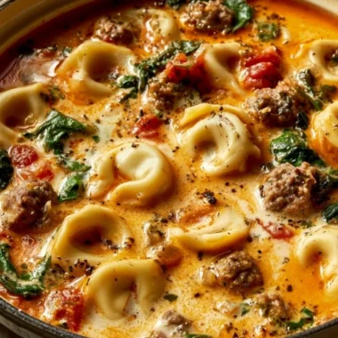 Bowl of Italian Sausage Tortellini Soup with fresh herbs and cheese on top.