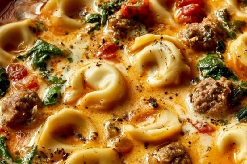 Bowl of Italian Sausage Tortellini Soup with fresh herbs and cheese on top.