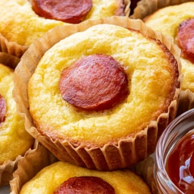 Keto corn dog muffins served on a plate with dipping sauce.
