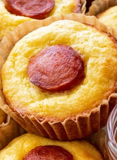 Keto corn dog muffins served on a plate with dipping sauce.