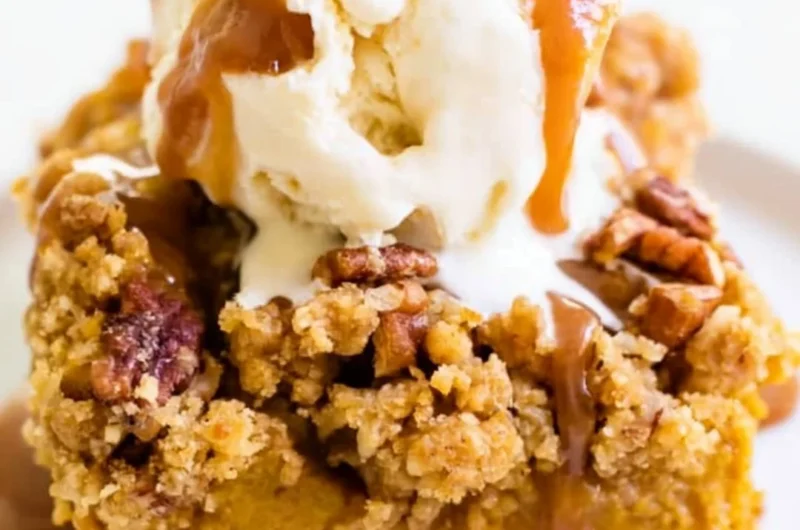 Delicious Pumpkin Pie Crunch Cake topped with crunchy pecans and whipped cream
