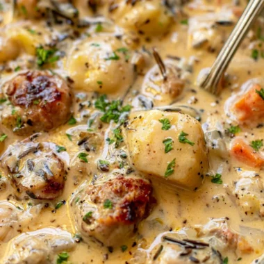 Bowl of creamy potato sausage chowder with herbs and spices