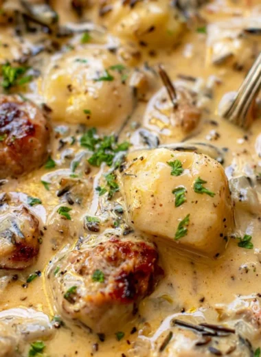 Bowl of creamy potato sausage chowder with herbs and spices