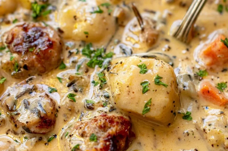 Bowl of creamy potato sausage chowder with herbs and spices