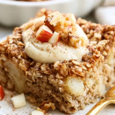 Delicious apple baked oatmeal with cinnamon in a serving dish