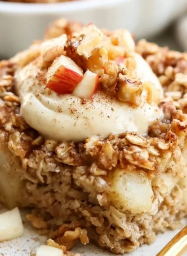 Delicious apple baked oatmeal with cinnamon in a serving dish