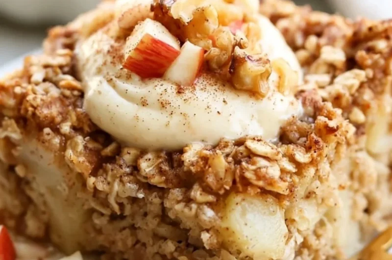 Delicious apple baked oatmeal with cinnamon in a serving dish