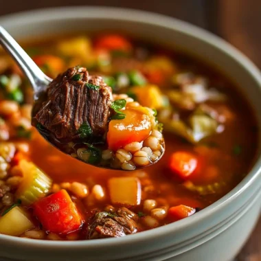 A bowl of comforting beef barley soup with vegetables and tender beef chunks