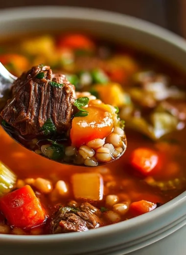A bowl of comforting beef barley soup with vegetables and tender beef chunks