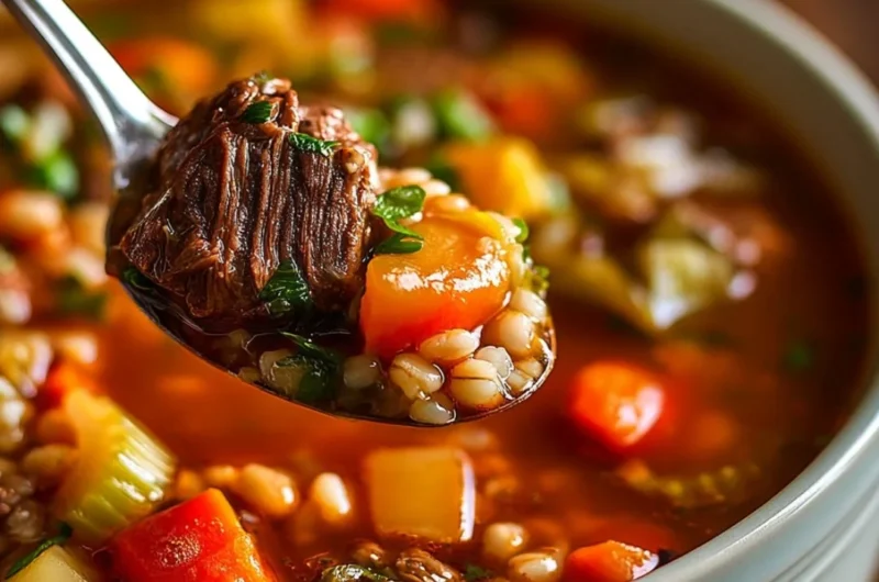 A bowl of comforting beef barley soup with vegetables and tender beef chunks