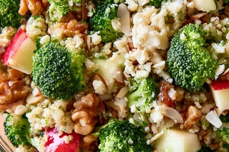Broccoli Apple Quinoa Salad with fresh vegetables and apples in a bowl