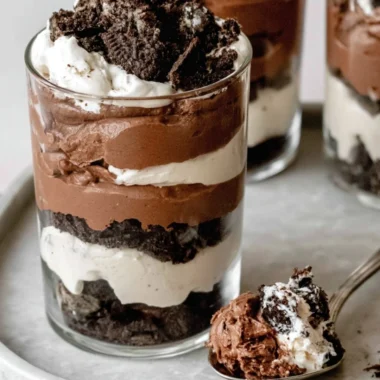 Creamy no-bake Chocolate Parfait dessert layered in a glass
