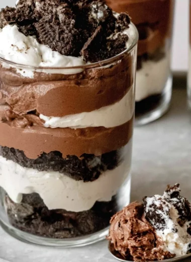Creamy no-bake Chocolate Parfait dessert layered in a glass