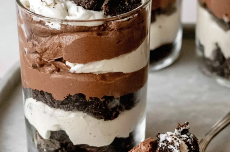 Creamy no-bake Chocolate Parfait dessert layered in a glass