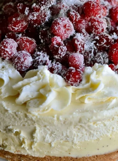 Delicious Christmas cheesecake topped with cranberry jam and white chocolate mousse