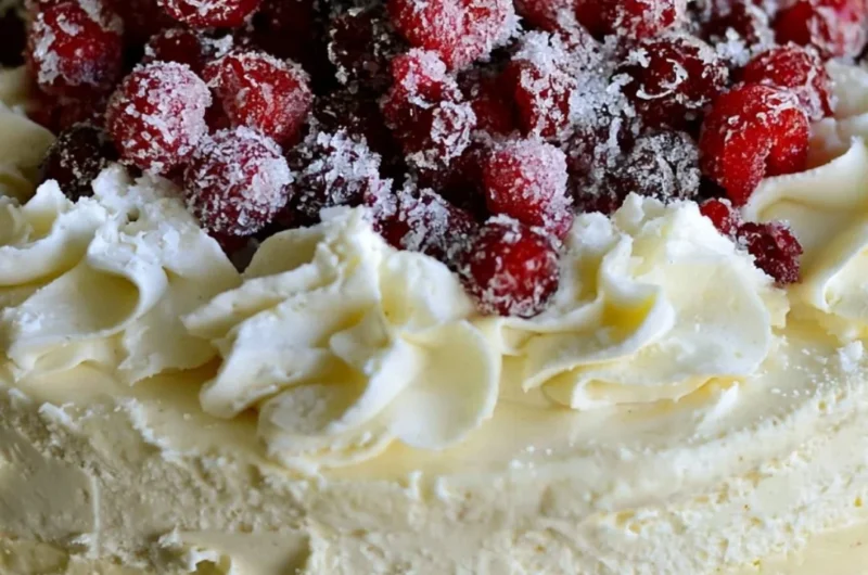 Delicious Christmas cheesecake topped with cranberry jam and white chocolate mousse