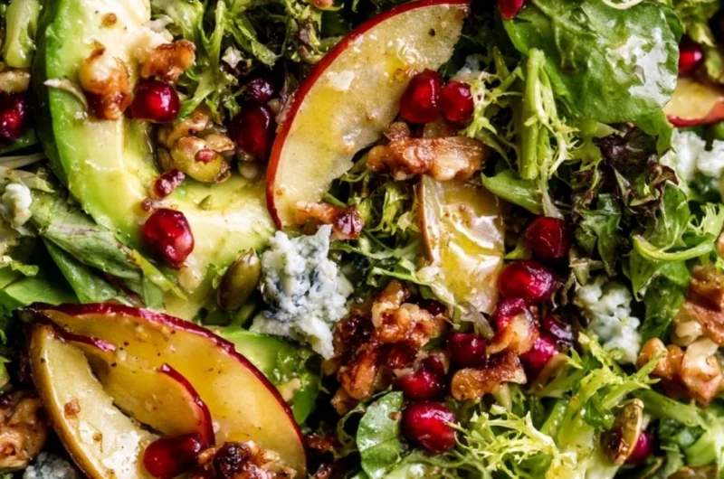 Christmas Salad with Honey Mustard Dressing served on a festive table