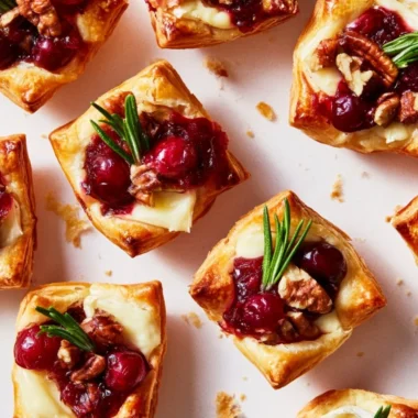 Cranberry-filled pastry appetizer displayed on a platter for a festive party setting.