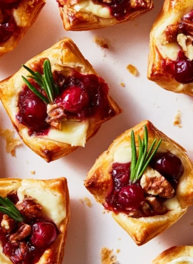Cranberry-filled pastry appetizer displayed on a platter for a festive party setting.