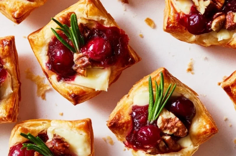 Cranberry-filled pastry appetizer displayed on a platter for a festive party setting.
