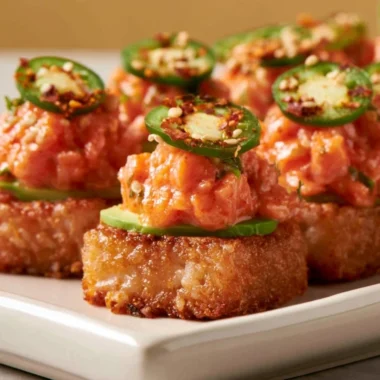 Plate of crispy rice topped with spicy salmon and garnished with green onions.