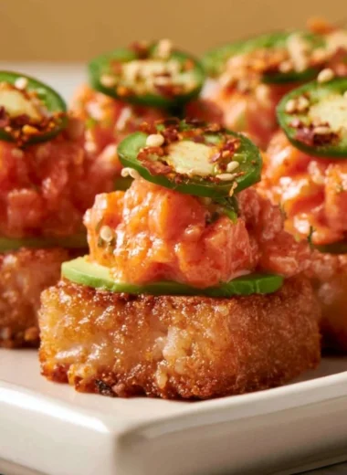 Plate of crispy rice topped with spicy salmon and garnished with green onions.