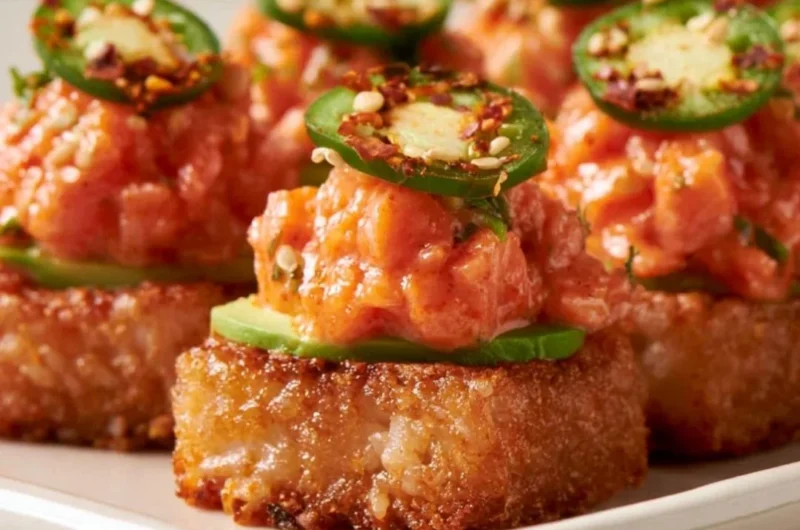Plate of crispy rice topped with spicy salmon and garnished with green onions.