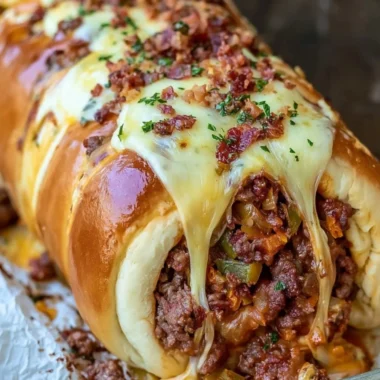 Slice of homemade garbage bread served with dipping sauce.