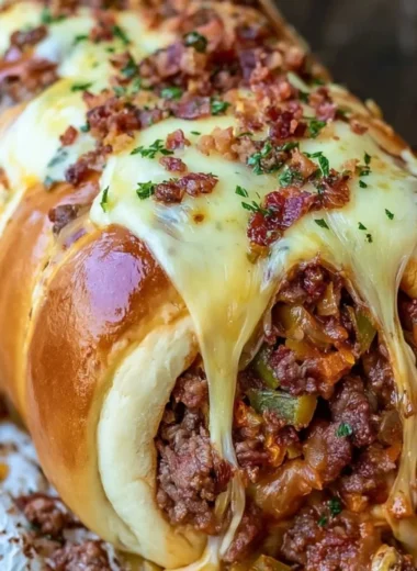 Slice of homemade garbage bread served with dipping sauce.