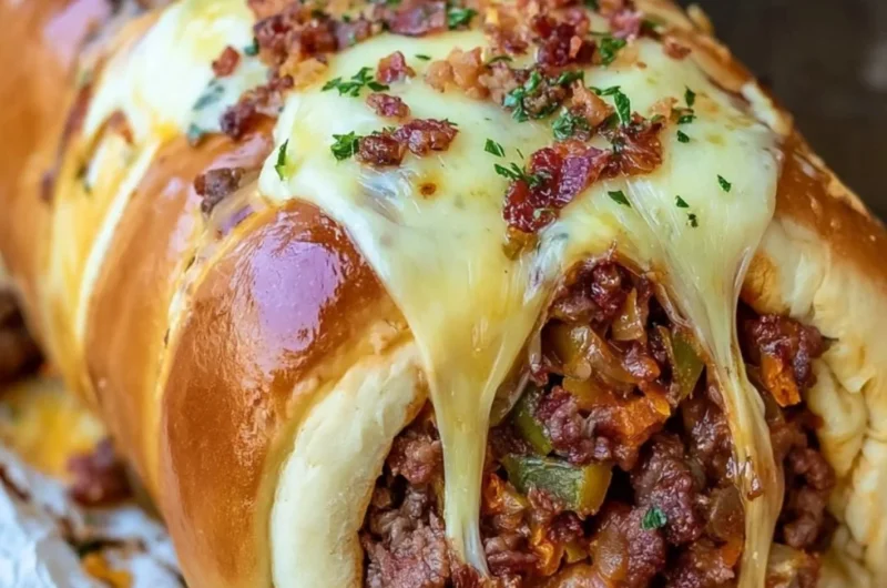 Slice of homemade garbage bread served with dipping sauce.