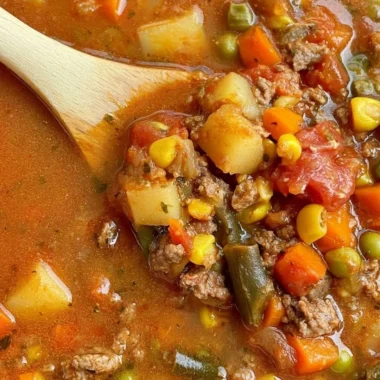 Bowl of hearty Hamburger Vegetable Soup with colorful vegetables and ground beef.