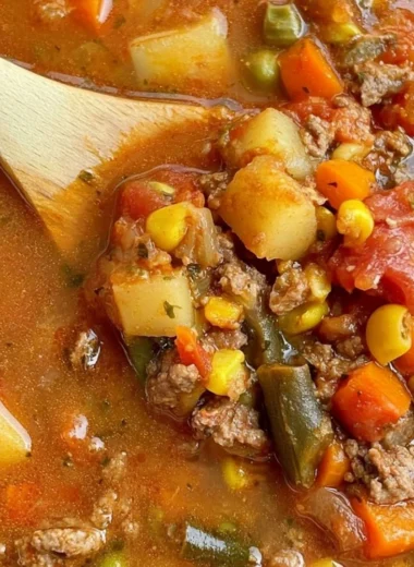 Bowl of hearty Hamburger Vegetable Soup with colorful vegetables and ground beef.