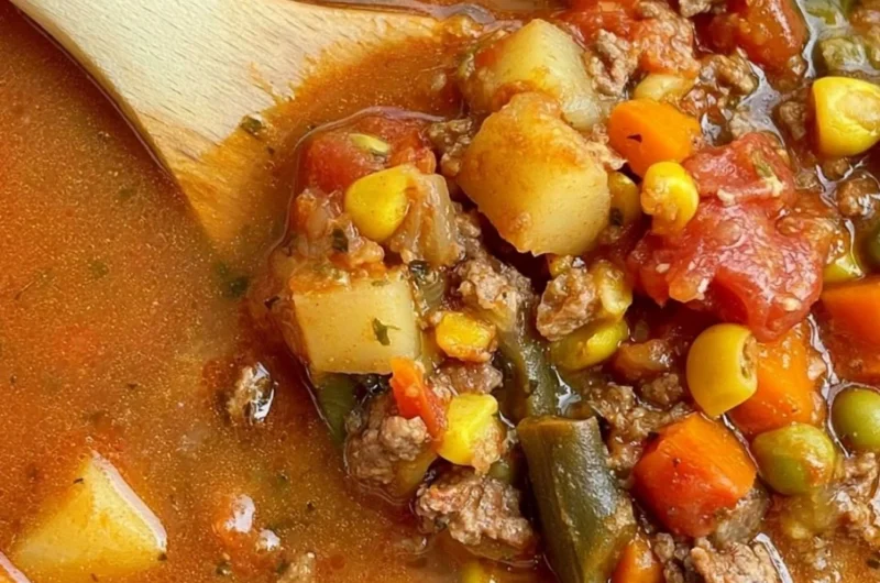 Bowl of hearty Hamburger Vegetable Soup with colorful vegetables and ground beef.