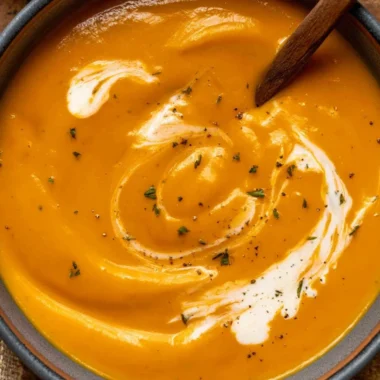 Bowl of creamy maple roasted sweet potato carrot soup garnished with herbs.