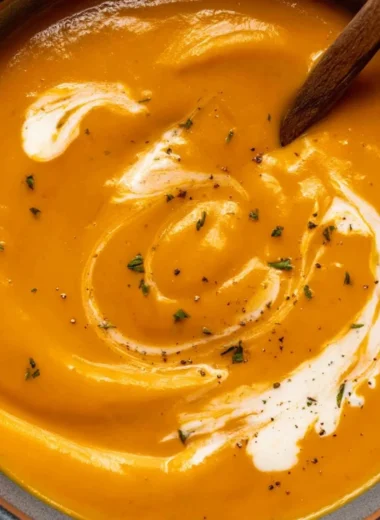 Bowl of creamy maple roasted sweet potato carrot soup garnished with herbs.