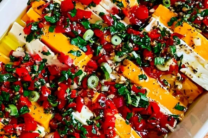 Delicious marinated cheese in a bowl with herbs and spices