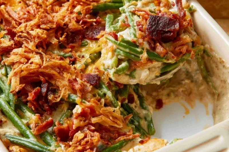 Parmesan Bacon Green Bean Casserole topped with crispy bacon and cheese