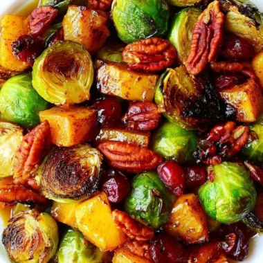 Thanksgiving side dish of roasted butternut squash and Brussels sprouts with pecans and cranberries.