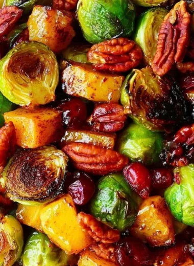 Thanksgiving side dish of roasted butternut squash and Brussels sprouts with pecans and cranberries.