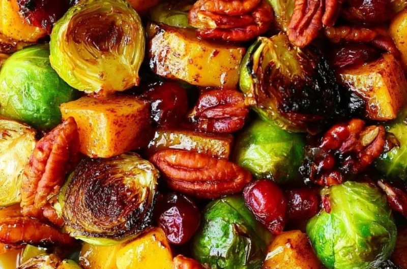 Thanksgiving side dish of roasted butternut squash and Brussels sprouts with pecans and cranberries.