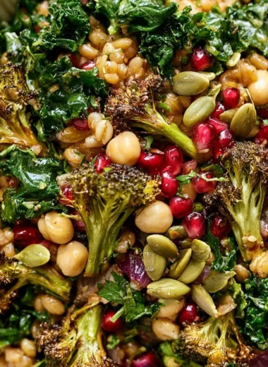 Vegan Winter Farro and Kale Salad served in a bowl with colorful vegetables