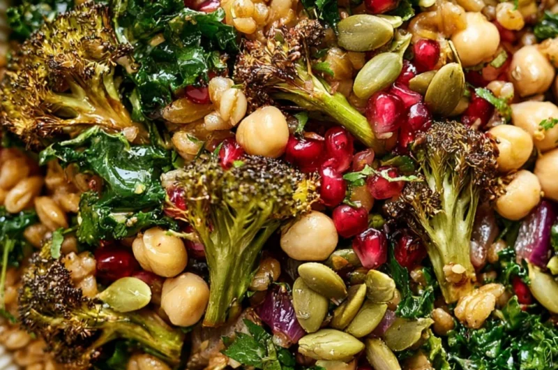 Vegan Winter Farro and Kale Salad served in a bowl with colorful vegetables